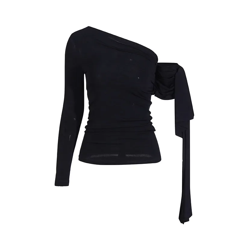 French Sexy Shoulder Bared Knitted Long Sleeve Women's Summer Top Asymmetrical Design Belt Casual Cotton Polyester T-shirt display picture 6