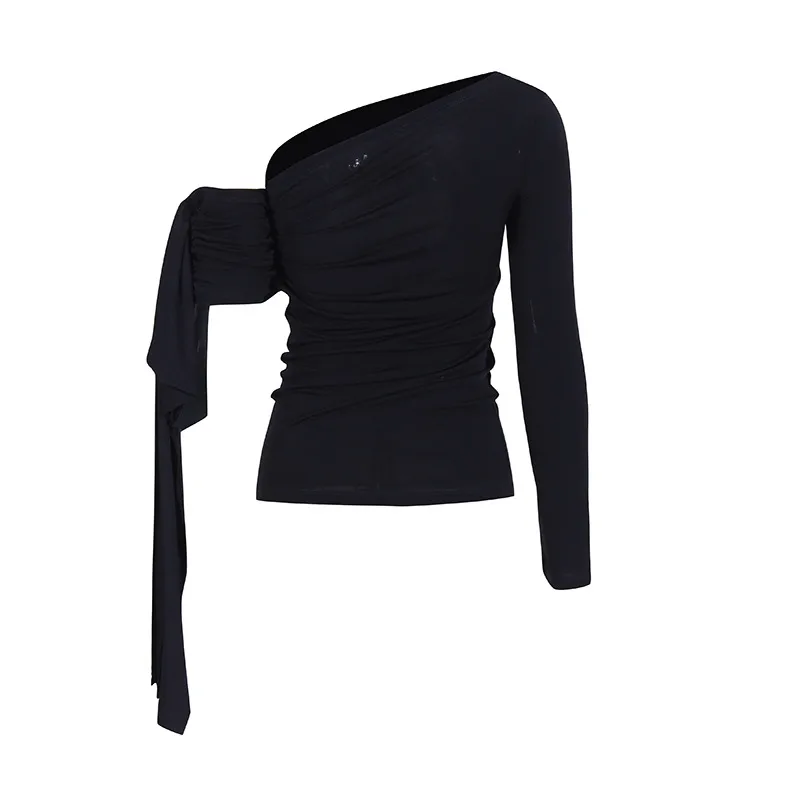 French Sexy Shoulder Bared Knitted Long Sleeve Women's Summer Top Asymmetrical Design Belt Casual Cotton Polyester T-shirt display picture 7