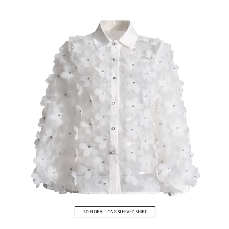 Hand Embroidered Long Sleeve Ladies Shirt 3D Mosaic Stand Collar Semi Transparent Fashionable Top Sweet Style Fresh Feel display picture 1