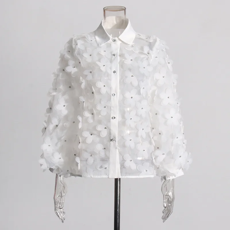 Hand Embroidered Long Sleeve Ladies Shirt 3D Mosaic Stand Collar Semi Transparent Fashionable Top Sweet Style Fresh Feel display picture 3