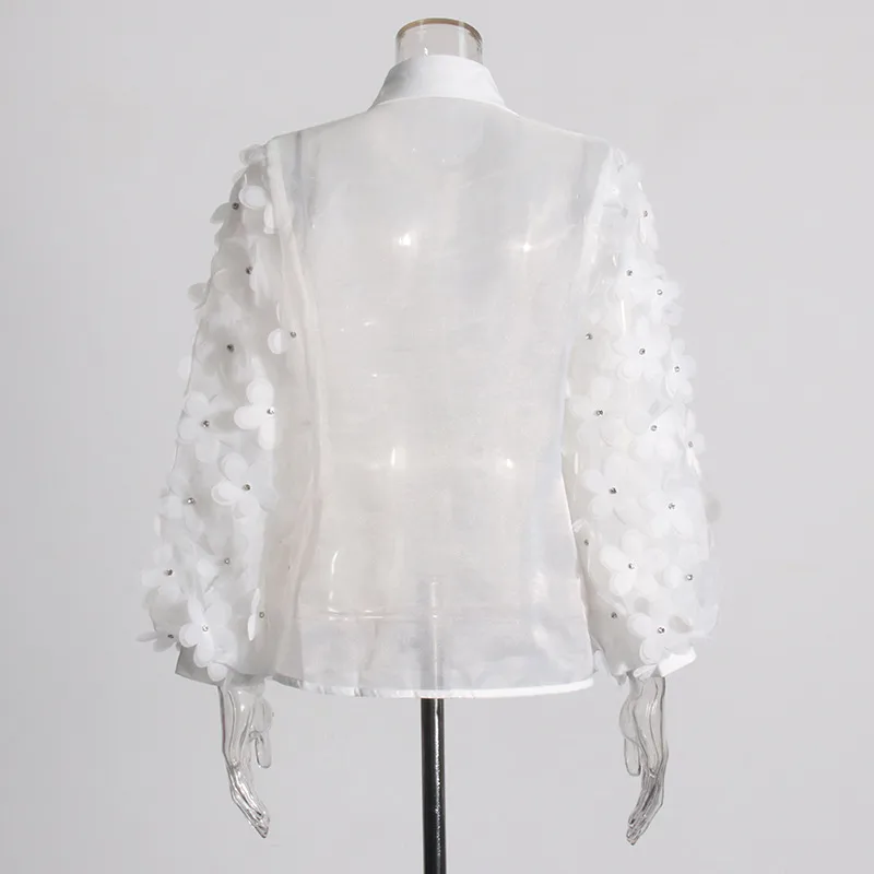Hand Embroidered Long Sleeve Ladies Shirt 3D Mosaic Stand Collar Semi Transparent Fashionable Top Sweet Style Fresh Feel display picture 5