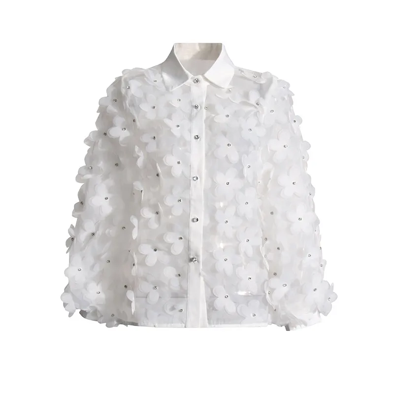 Hand Embroidered Long Sleeve Ladies Shirt 3D Mosaic Stand Collar Semi Transparent Fashionable Top Sweet Style Fresh Feel display picture 6