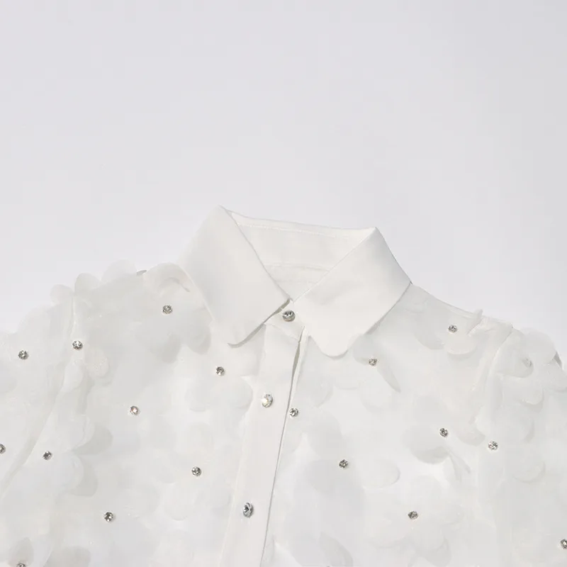Hand Embroidered Long Sleeve Ladies Shirt 3D Mosaic Stand Collar Semi Transparent Fashionable Top Sweet Style Fresh Feel display picture 8