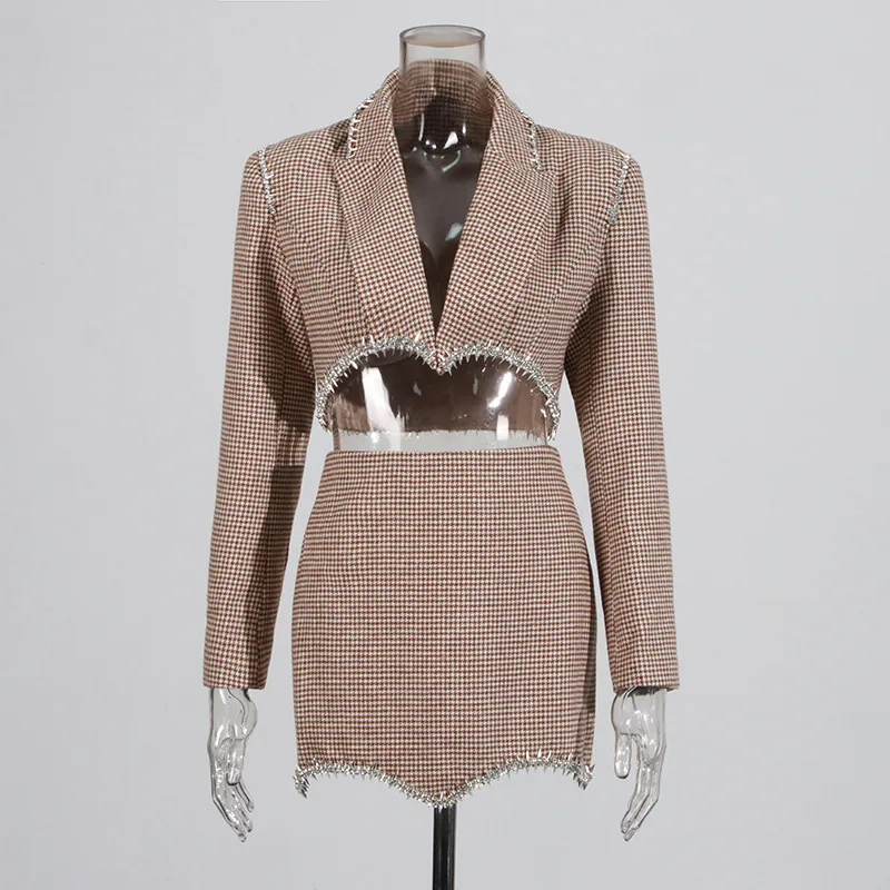 Elegant Casual Women's Fashion Set High Waist Mini Skirt Short Design Beads Two-Piece Suit Long Sleeve Pure Color Cotton Polyester display picture 3