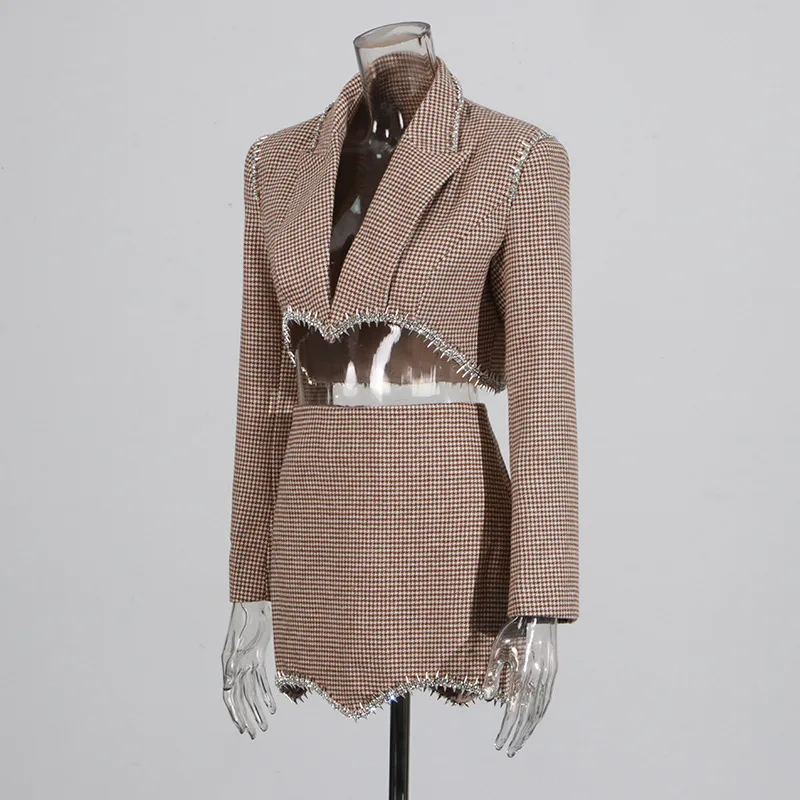 Elegant Casual Women's Fashion Set High Waist Mini Skirt Short Design Beads Two-Piece Suit Long Sleeve Pure Color Cotton Polyester display picture 4