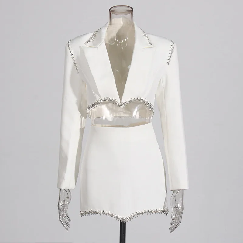 Elegant Casual Women's Fashion Set High Waist Mini Skirt Short Design Beads Two-Piece Suit Long Sleeve Pure Color Cotton Polyester display picture 10