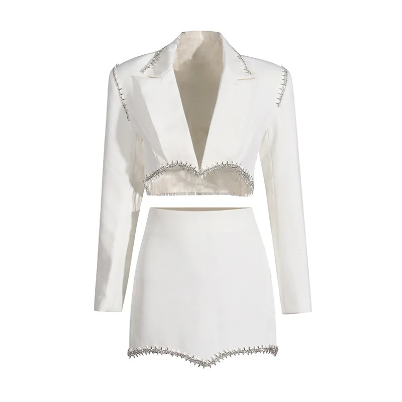 Elegant Casual Women's Fashion Set High Waist Mini Skirt Short Design Beads Two-Piece Suit Long Sleeve Pure Color Cotton Polyester display picture 17