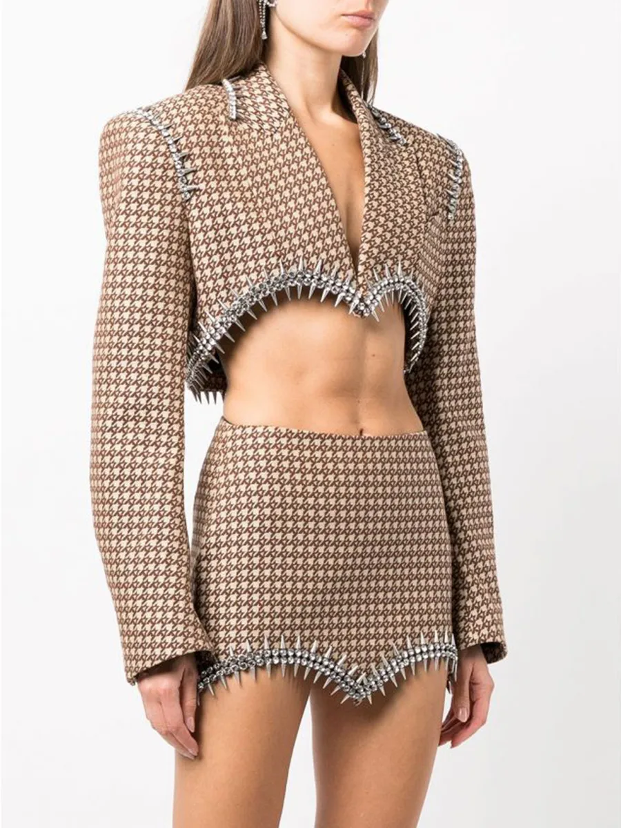 Elegant Casual Women's Fashion Set High Waist Mini Skirt Short Design Beads Two-Piece Suit Long Sleeve Pure Color Cotton Polyester display picture 2