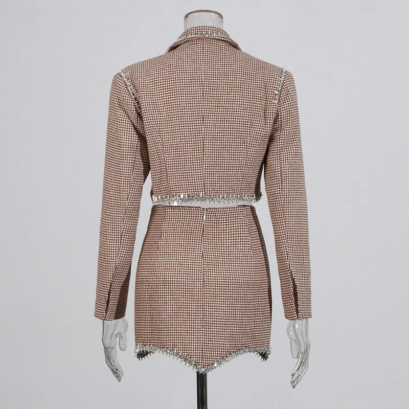 Elegant Casual Women's Fashion Set High Waist Mini Skirt Short Design Beads Two-Piece Suit Long Sleeve Pure Color Cotton Polyester display picture 5