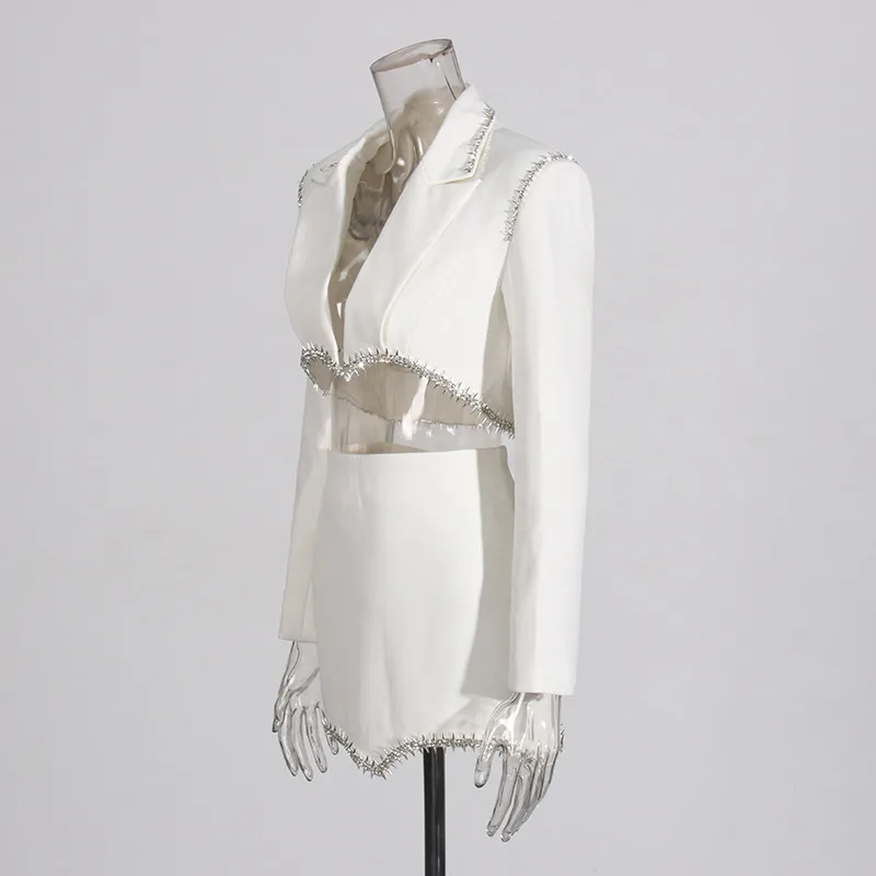 Elegant Casual Women's Fashion Set High Waist Mini Skirt Short Design Beads Two-Piece Suit Long Sleeve Pure Color Cotton Polyester display picture 11
