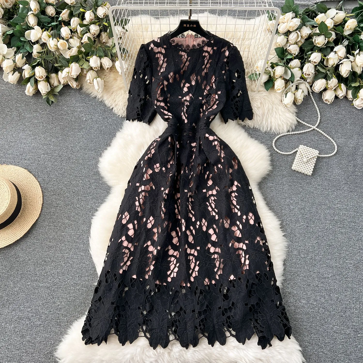 Spring Heavy Water Soluble Lace Mid-Length Dress Vacation Skirt Elegant High Waist A- Line Skirt Short Sleeve Floral Pattern Dress display picture 5