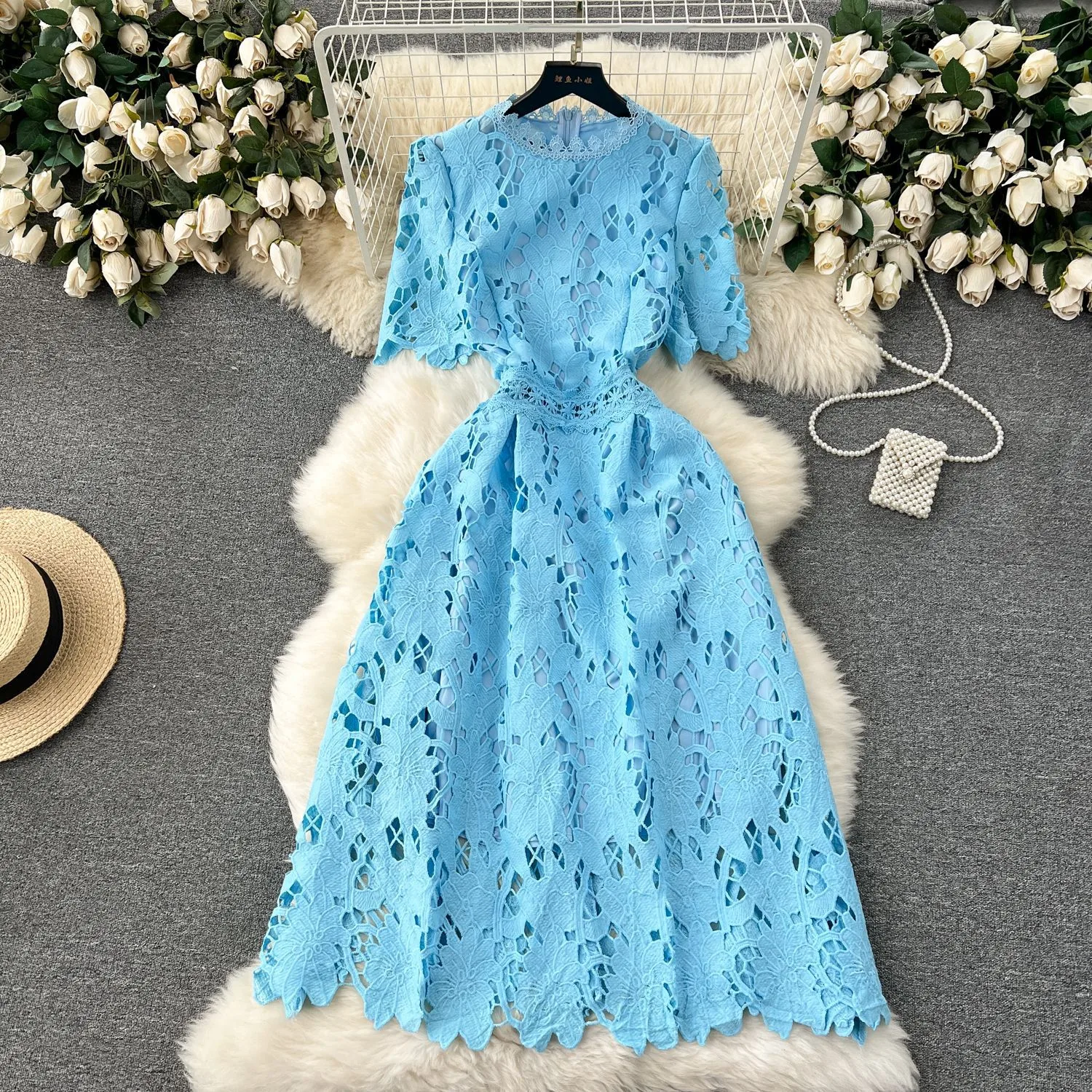 Spring Heavy Water Soluble Lace Mid-Length Dress Vacation Skirt Elegant High Waist A- Line Skirt Short Sleeve Floral Pattern Dress display picture 6