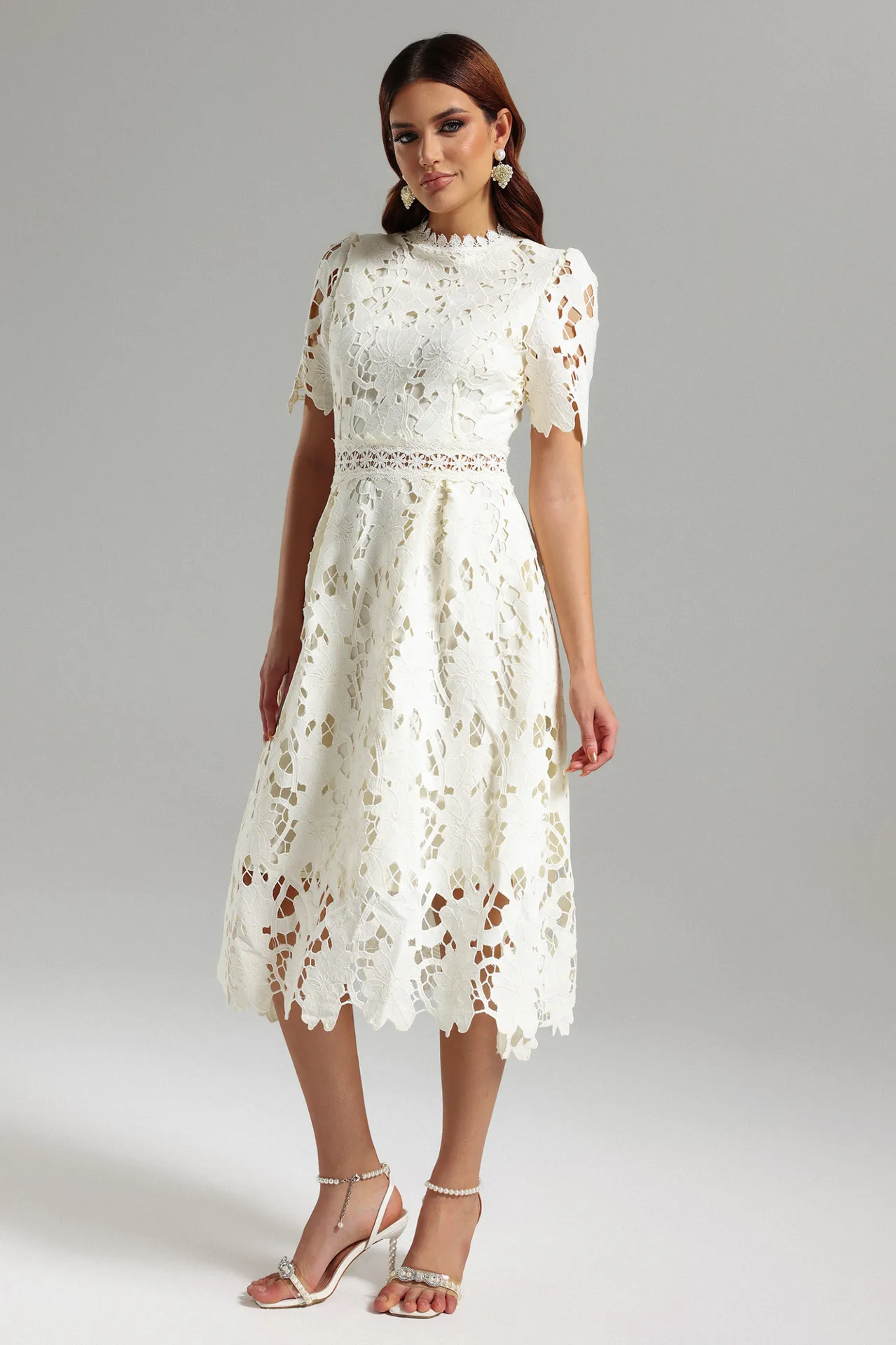 Spring Heavy Water Soluble Lace Mid-Length Dress Vacation Skirt Elegant High Waist A- Line Skirt Short Sleeve Floral Pattern Dress display picture 1