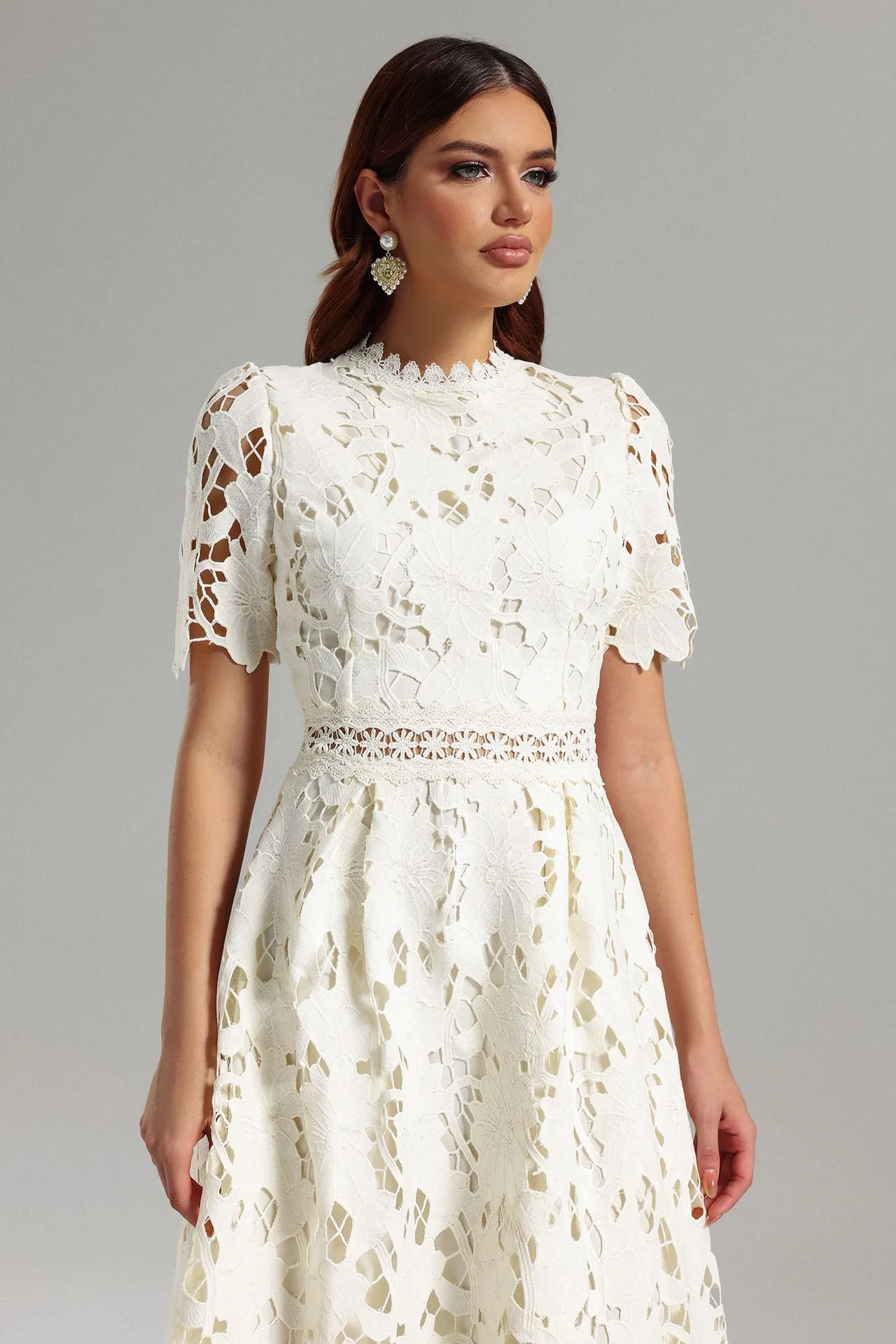 Spring Heavy Water Soluble Lace Mid-Length Dress Vacation Skirt Elegant High Waist A- Line Skirt Short Sleeve Floral Pattern Dress display picture 2
