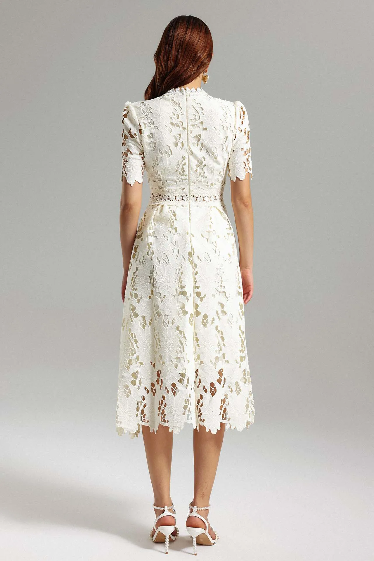 Spring Heavy Water Soluble Lace Mid-Length Dress Vacation Skirt Elegant High Waist A- Line Skirt Short Sleeve Floral Pattern Dress display picture 3