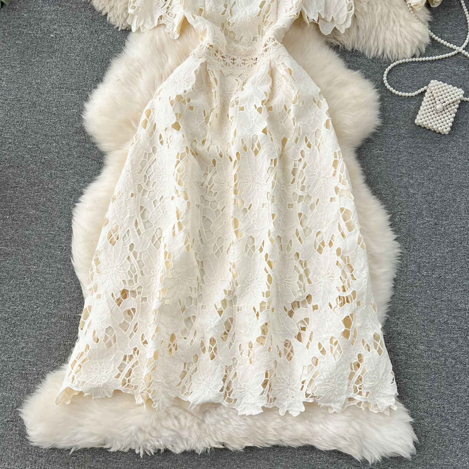 Spring Heavy Water Soluble Lace Mid-Length Dress Vacation Skirt Elegant High Waist A- Line Skirt Short Sleeve Floral Pattern Dress display picture 8