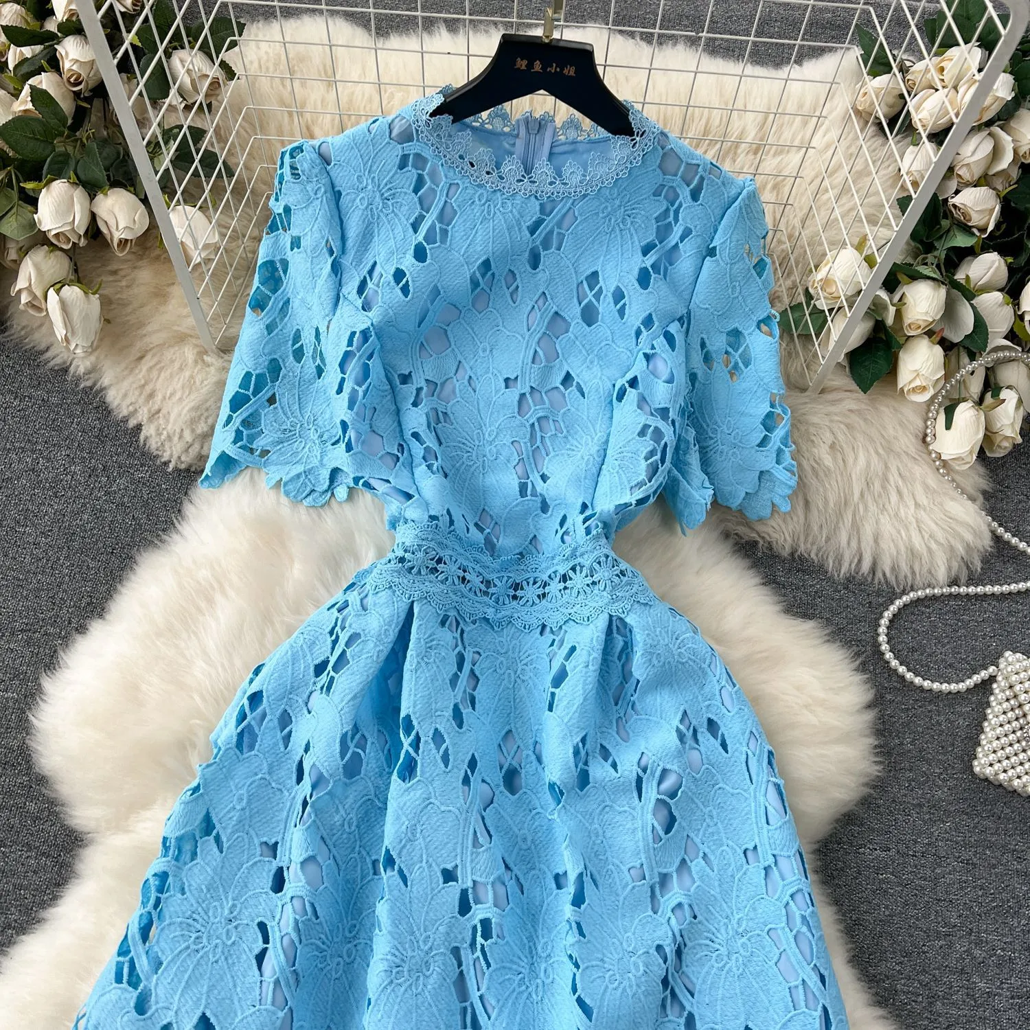 Spring Heavy Water Soluble Lace Mid-Length Dress Vacation Skirt Elegant High Waist A- Line Skirt Short Sleeve Floral Pattern Dress display picture 9