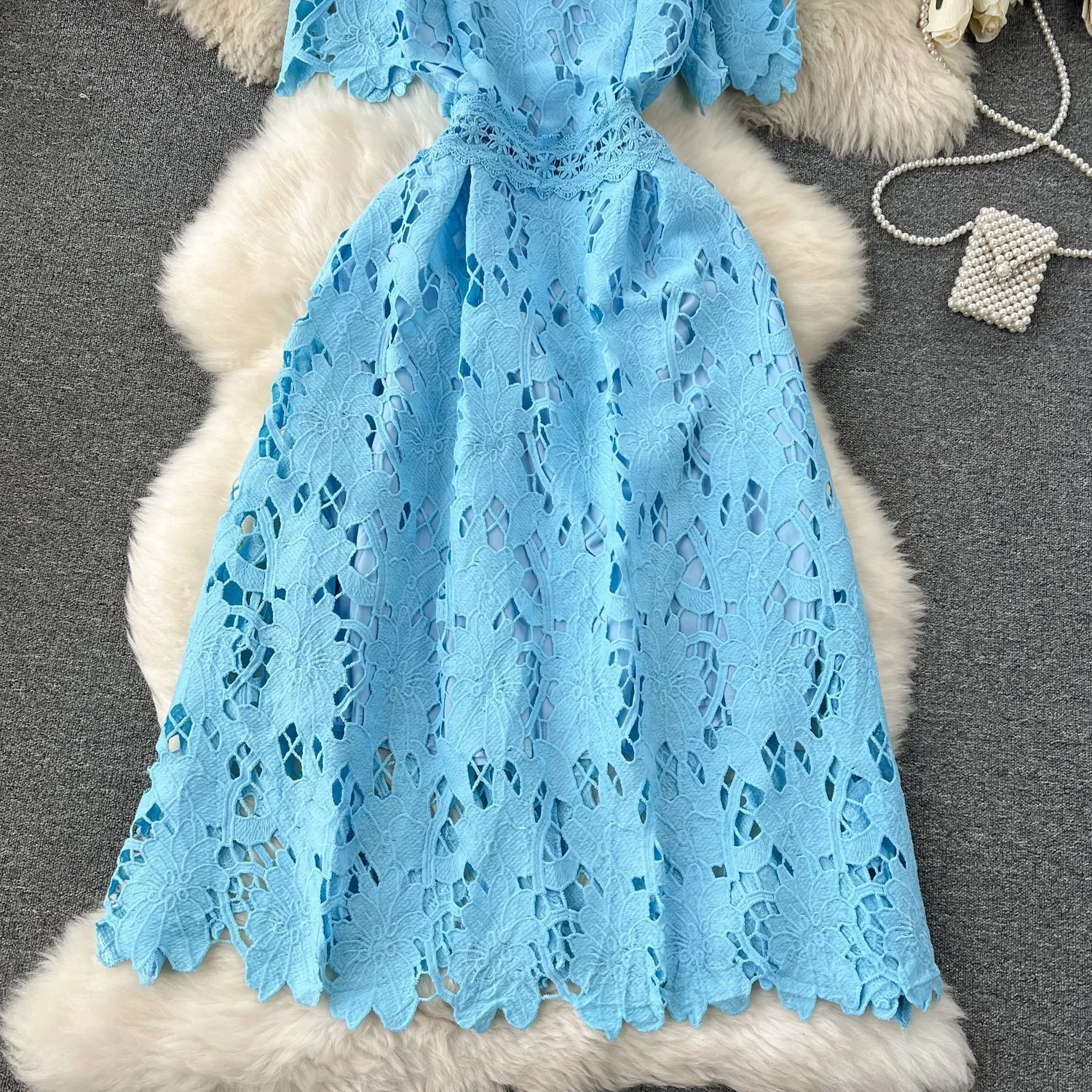 Spring Heavy Water Soluble Lace Mid-Length Dress Vacation Skirt Elegant High Waist A- Line Skirt Short Sleeve Floral Pattern Dress display picture 10