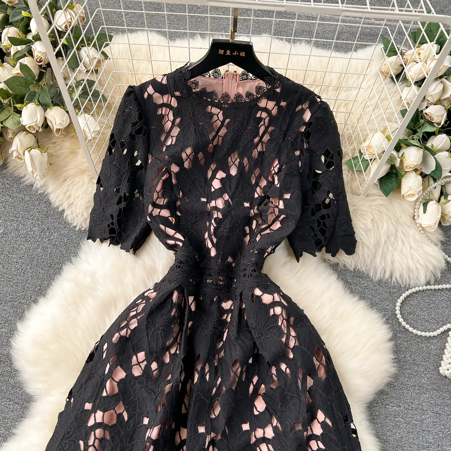 Spring Heavy Water Soluble Lace Mid-Length Dress Vacation Skirt Elegant High Waist A- Line Skirt Short Sleeve Floral Pattern Dress display picture 11