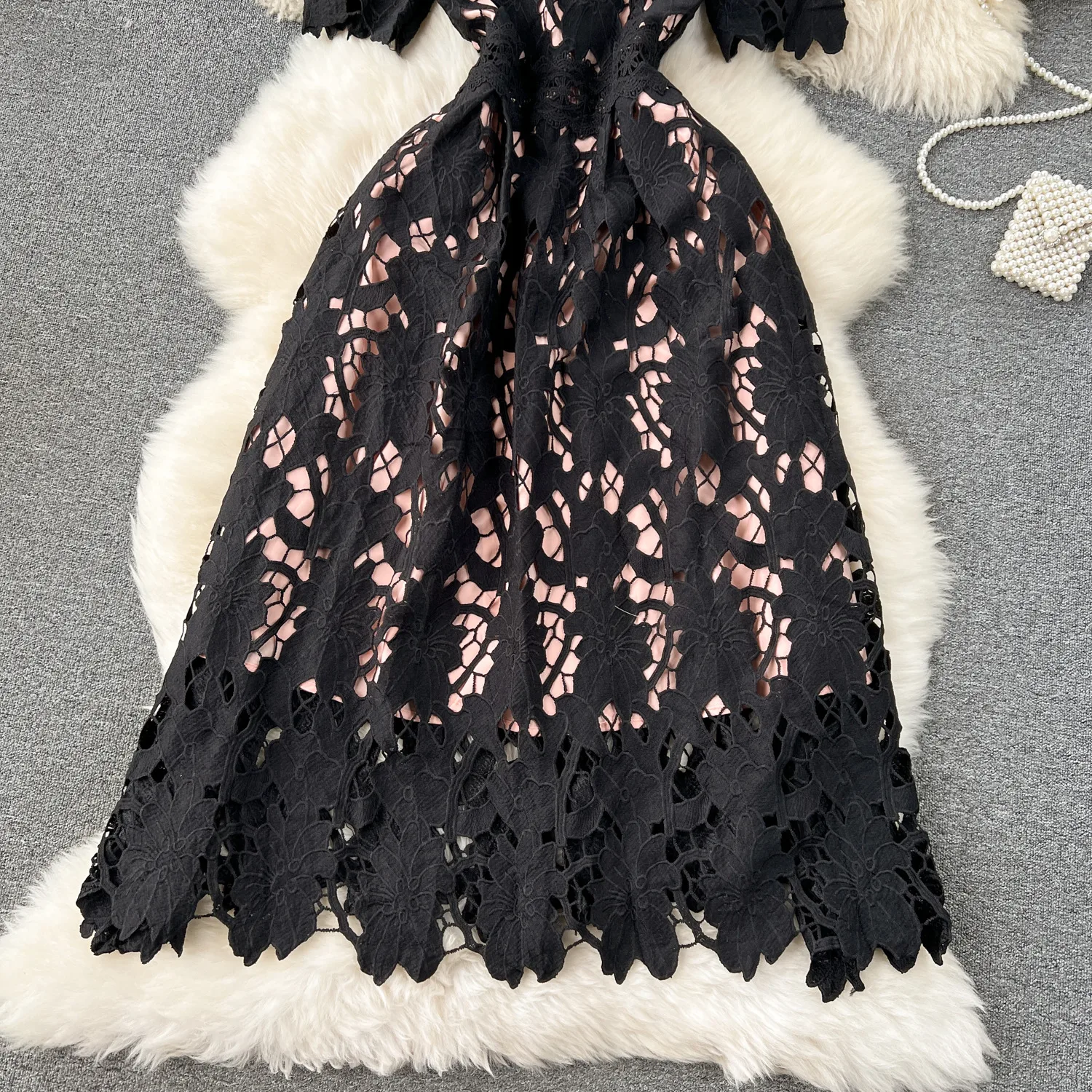 Spring Heavy Water Soluble Lace Mid-Length Dress Vacation Skirt Elegant High Waist A- Line Skirt Short Sleeve Floral Pattern Dress display picture 19