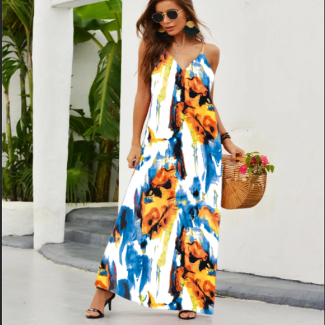 Fashion Print Beach Dress Women Strapless Maxi Skirt High Waist Ankle Length V-neck Sleeveless Expansion Skirt Suitable For Spring And Summer Season display picture 6