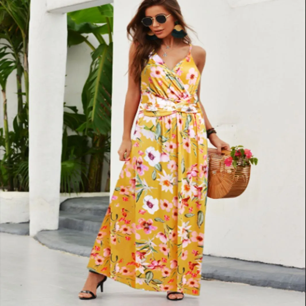 Fashion Print Beach Dress Women Strapless Maxi Skirt High Waist Ankle Length V-neck Sleeveless Expansion Skirt Suitable For Spring And Summer Season display picture 5