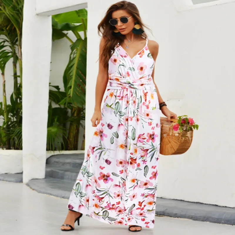 Fashion Print Beach Dress Women Strapless Maxi Skirt High Waist Ankle Length V-neck Sleeveless Expansion Skirt Suitable For Spring And Summer Season display picture 2