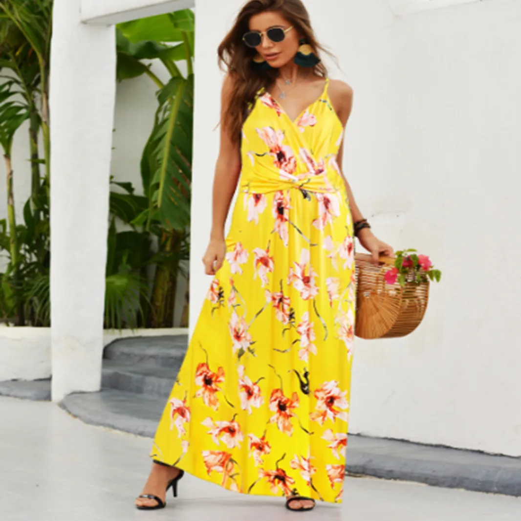 Fashion Print Beach Dress Women Strapless Maxi Skirt High Waist Ankle Length V-neck Sleeveless Expansion Skirt Suitable For Spring And Summer Season display picture 3