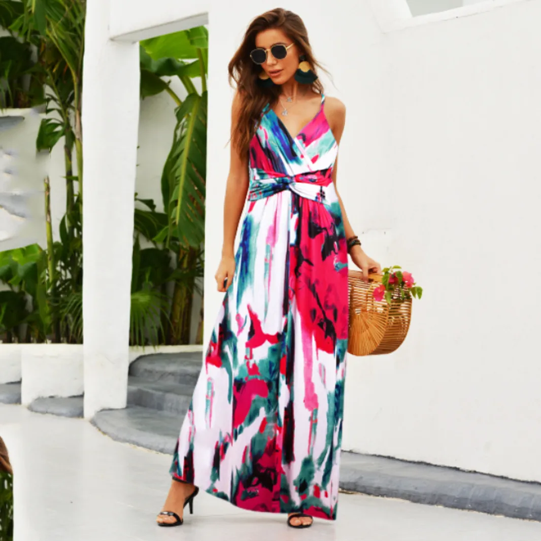Fashion Print Beach Dress Women Strapless Maxi Skirt High Waist Ankle Length V-neck Sleeveless Expansion Skirt Suitable For Spring And Summer Season display picture 7
