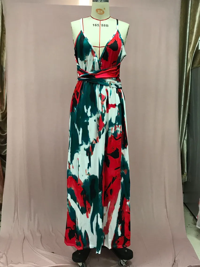 Fashion Print Beach Dress Women Strapless Maxi Skirt High Waist Ankle Length V-neck Sleeveless Expansion Skirt Suitable For Spring And Summer Season display picture 8