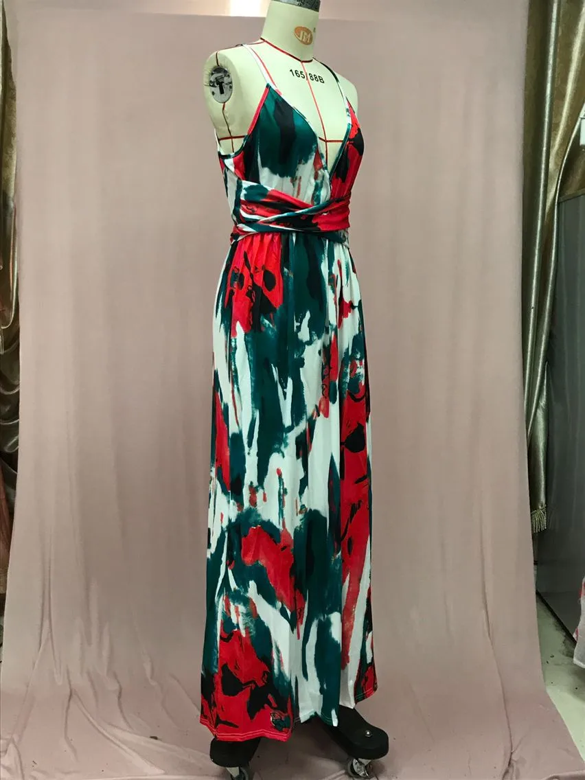Fashion Print Beach Dress Women Strapless Maxi Skirt High Waist Ankle Length V-neck Sleeveless Expansion Skirt Suitable For Spring And Summer Season display picture 9