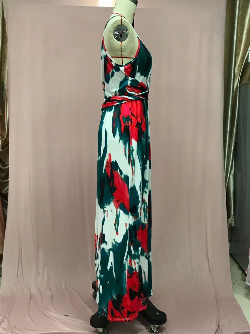 Fashion Print Beach Dress Women Strapless Maxi Skirt High Waist Ankle Length V-neck Sleeveless Expansion Skirt Suitable For Spring And Summer Season display picture 10
