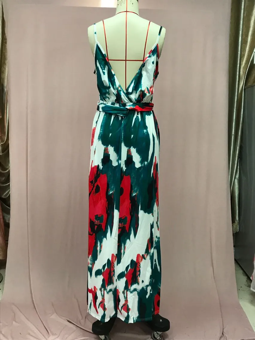 Fashion Print Beach Dress Women Strapless Maxi Skirt High Waist Ankle Length V-neck Sleeveless Expansion Skirt Suitable For Spring And Summer Season display picture 11