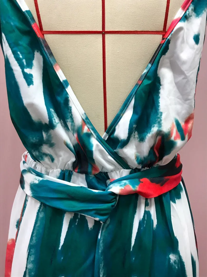 Fashion Print Beach Dress Women Strapless Maxi Skirt High Waist Ankle Length V-neck Sleeveless Expansion Skirt Suitable For Spring And Summer Season display picture 13