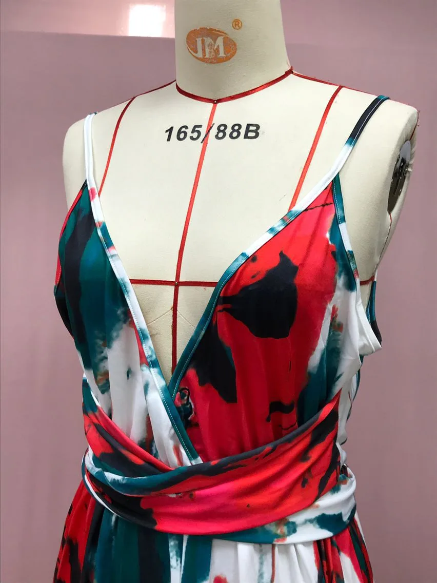 Fashion Print Beach Dress Women Strapless Maxi Skirt High Waist Ankle Length V-neck Sleeveless Expansion Skirt Suitable For Spring And Summer Season display picture 15
