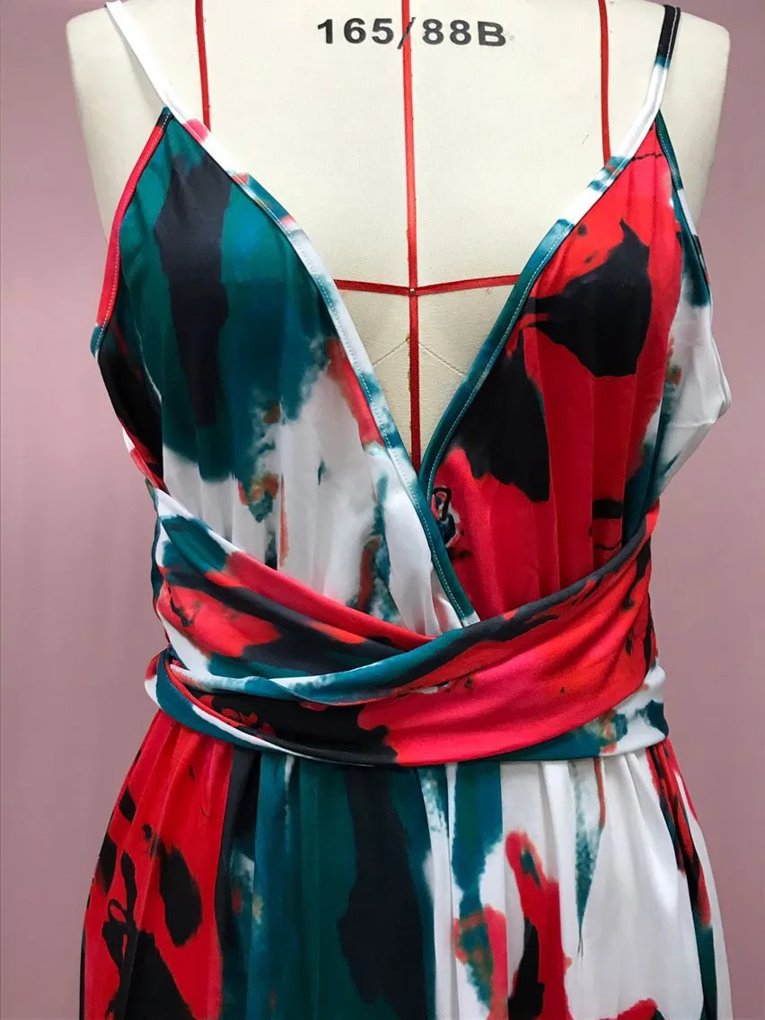 Fashion Print Beach Dress Women Strapless Maxi Skirt High Waist Ankle Length V-neck Sleeveless Expansion Skirt Suitable For Spring And Summer Season display picture 16