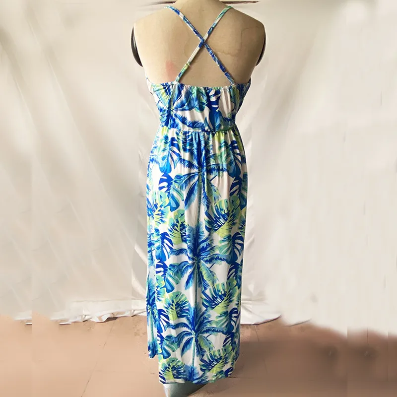 Fashion Print Beach Dress Women Strapless Maxi Skirt High Waist Ankle Length V-neck Sleeveless Expansion Skirt Suitable For Spring And Summer Season display picture 22