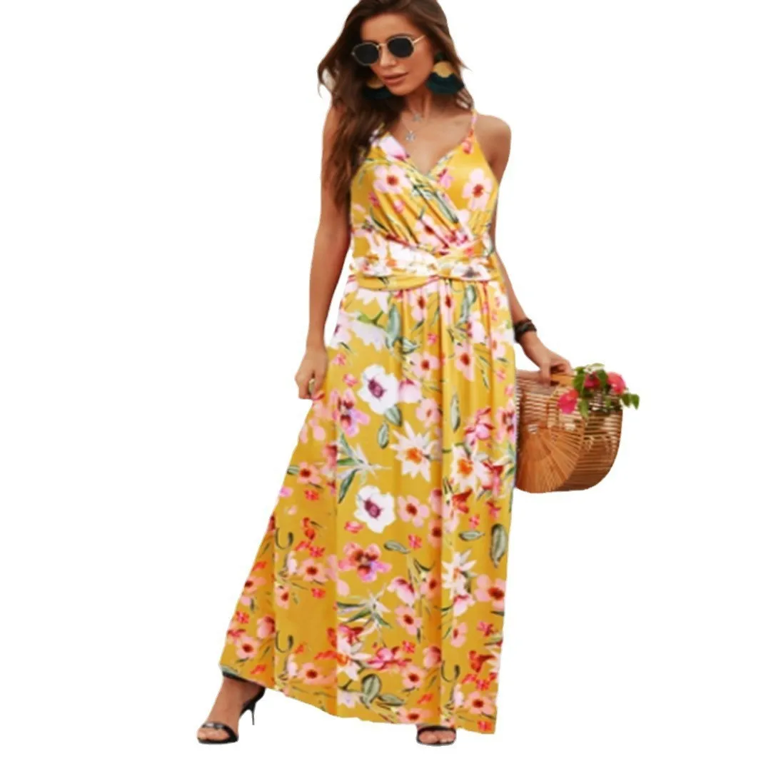 Fashion Print Beach Dress Women Strapless Maxi Skirt High Waist Ankle Length V-neck Sleeveless Expansion Skirt Suitable For Spring And Summer Season display picture 25