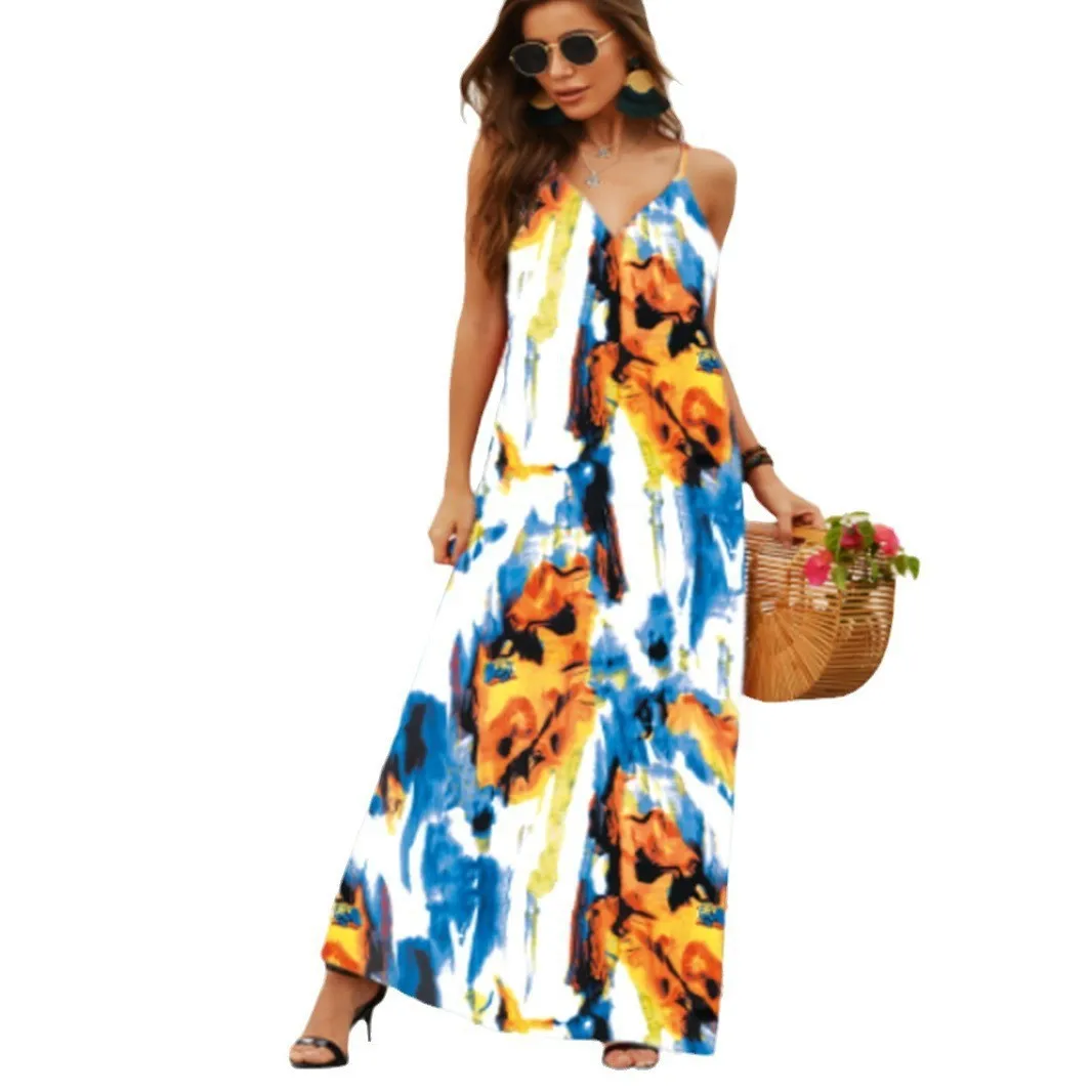 Fashion Print Beach Dress Women Strapless Maxi Skirt High Waist Ankle Length V-neck Sleeveless Expansion Skirt Suitable For Spring And Summer Season display picture 26