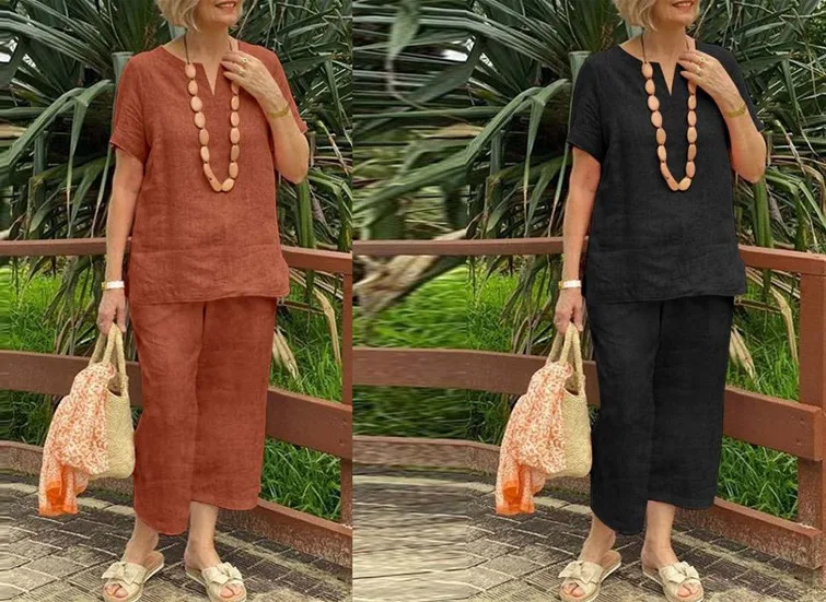 Casual Loose Summer Short Sleeve Shirt And Elastic Waist Pants 2-Piece Set Women's Comfortable Breathable Linen Cotton Blend display picture 3