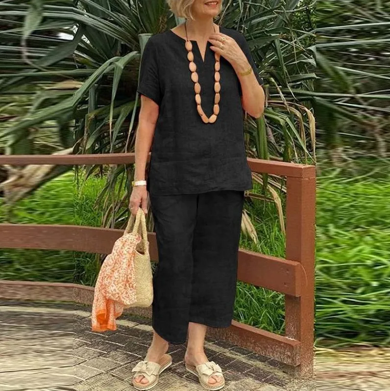 Casual Loose Summer Short Sleeve Shirt And Elastic Waist Pants 2-Piece Set Women's Comfortable Breathable Linen Cotton Blend display picture 6