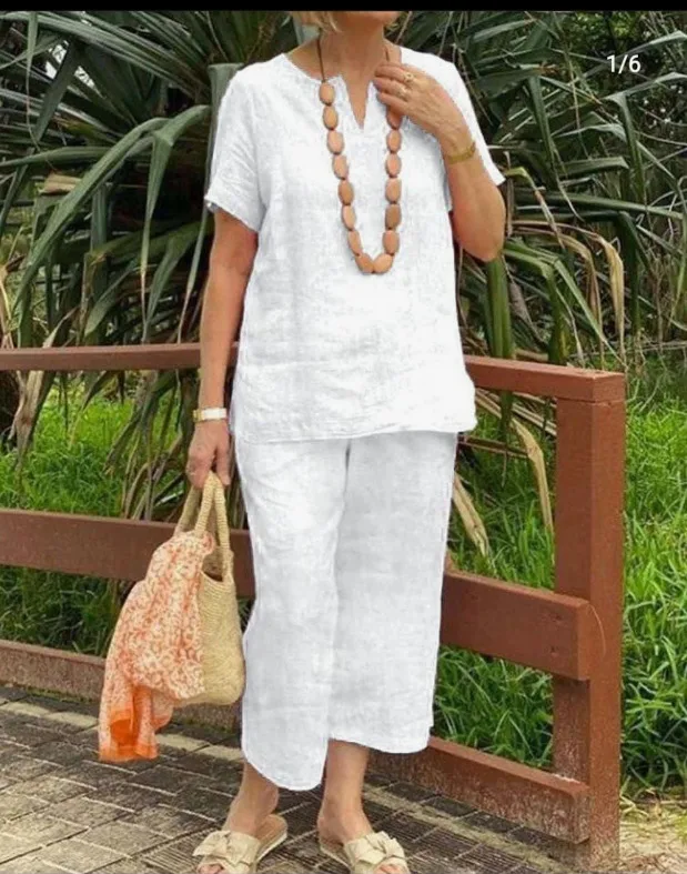 Casual Loose Summer Short Sleeve Shirt And Elastic Waist Pants 2-Piece Set Women's Comfortable Breathable Linen Cotton Blend display picture 9