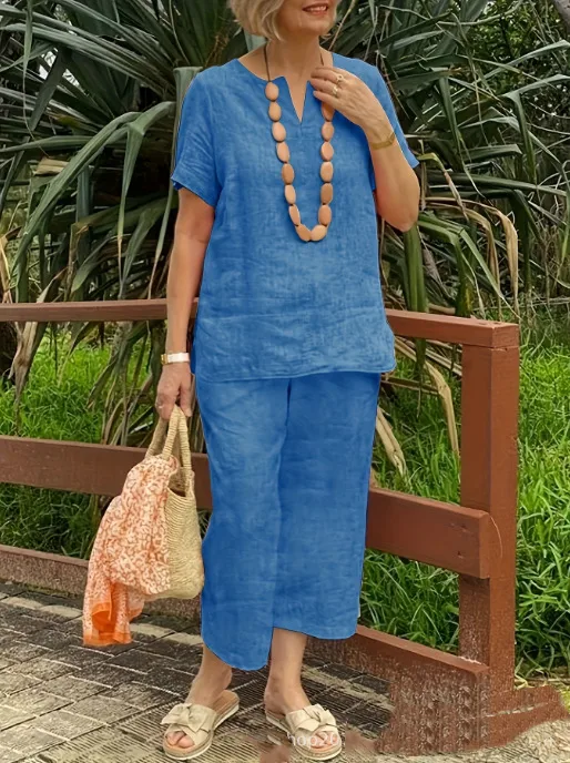 Casual Loose Summer Short Sleeve Shirt And Elastic Waist Pants 2-Piece Set Women's Comfortable Breathable Linen Cotton Blend display picture 10