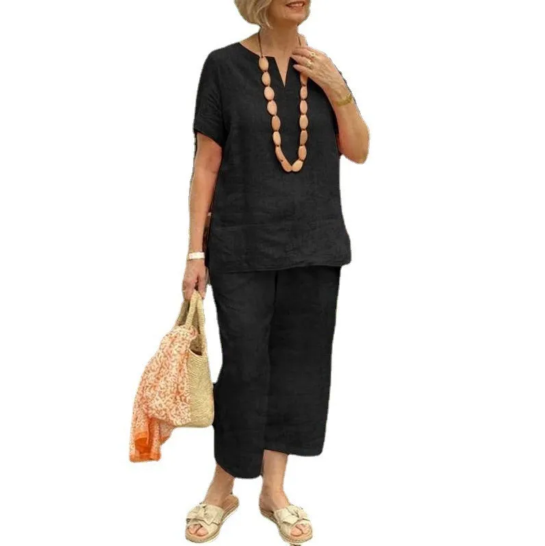 Casual Loose Summer Short Sleeve Shirt And Elastic Waist Pants 2-Piece Set Women's Comfortable Breathable Linen Cotton Blend display picture 13