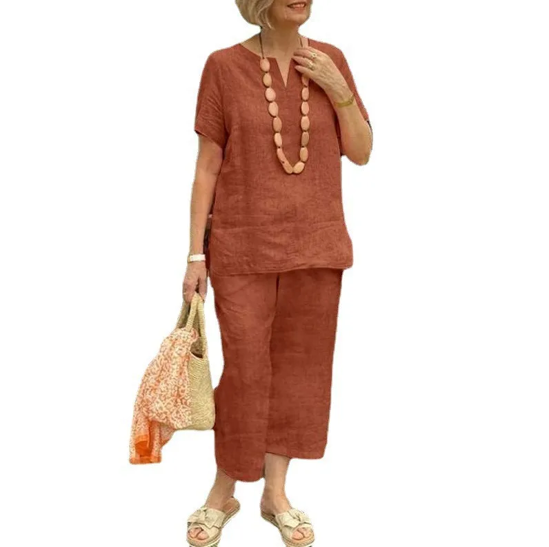 Casual Loose Summer Short Sleeve Shirt And Elastic Waist Pants 2-Piece Set Women's Comfortable Breathable Linen Cotton Blend display picture 14