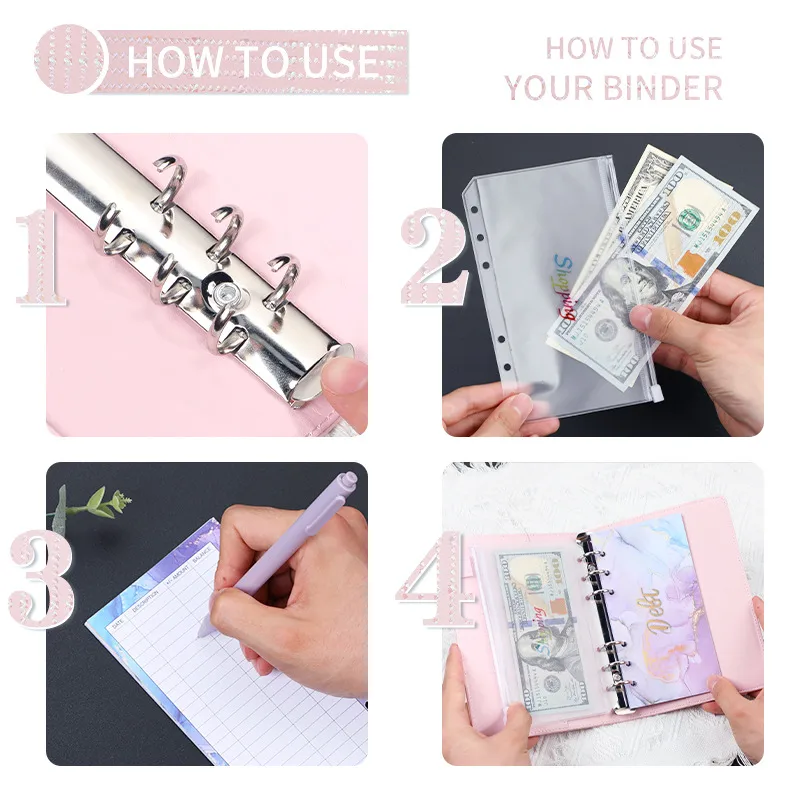 Creative Leather Ring Loose Leaf Notebook Suitable For Financial Planner Cash Budget New Design Novel Pink Gold Purple Black And Golden Gold display picture 5
