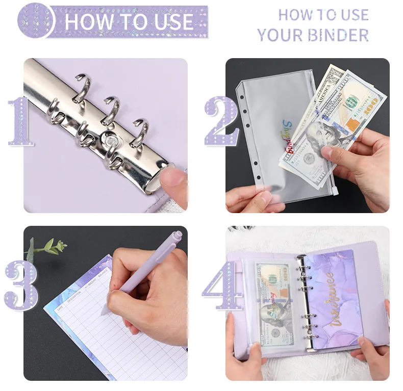 Creative Leather Ring Loose Leaf Notebook Suitable For Financial Planner Cash Budget New Design Novel Pink Gold Purple Black And Golden Gold display picture 12