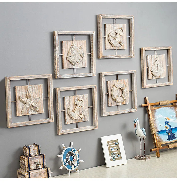 Mid-Century Style Decorative Relief Painting Wall Art Ocean Style Living Room Bar Creative Four Border Wooden Craft Pine Material display picture 1