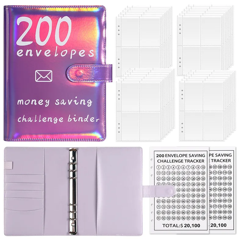 100 Envelopes Challenge Loose-Leaf Notebook 200 Days Saving Money Cash Envelope Saving Challenge Book Leather Durable Paper display picture 1