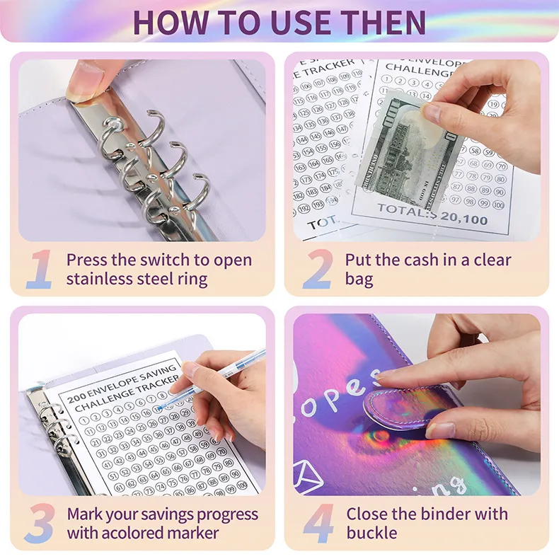100 Envelopes Challenge Loose-Leaf Notebook 200 Days Saving Money Cash Envelope Saving Challenge Book Leather Durable Paper display picture 4